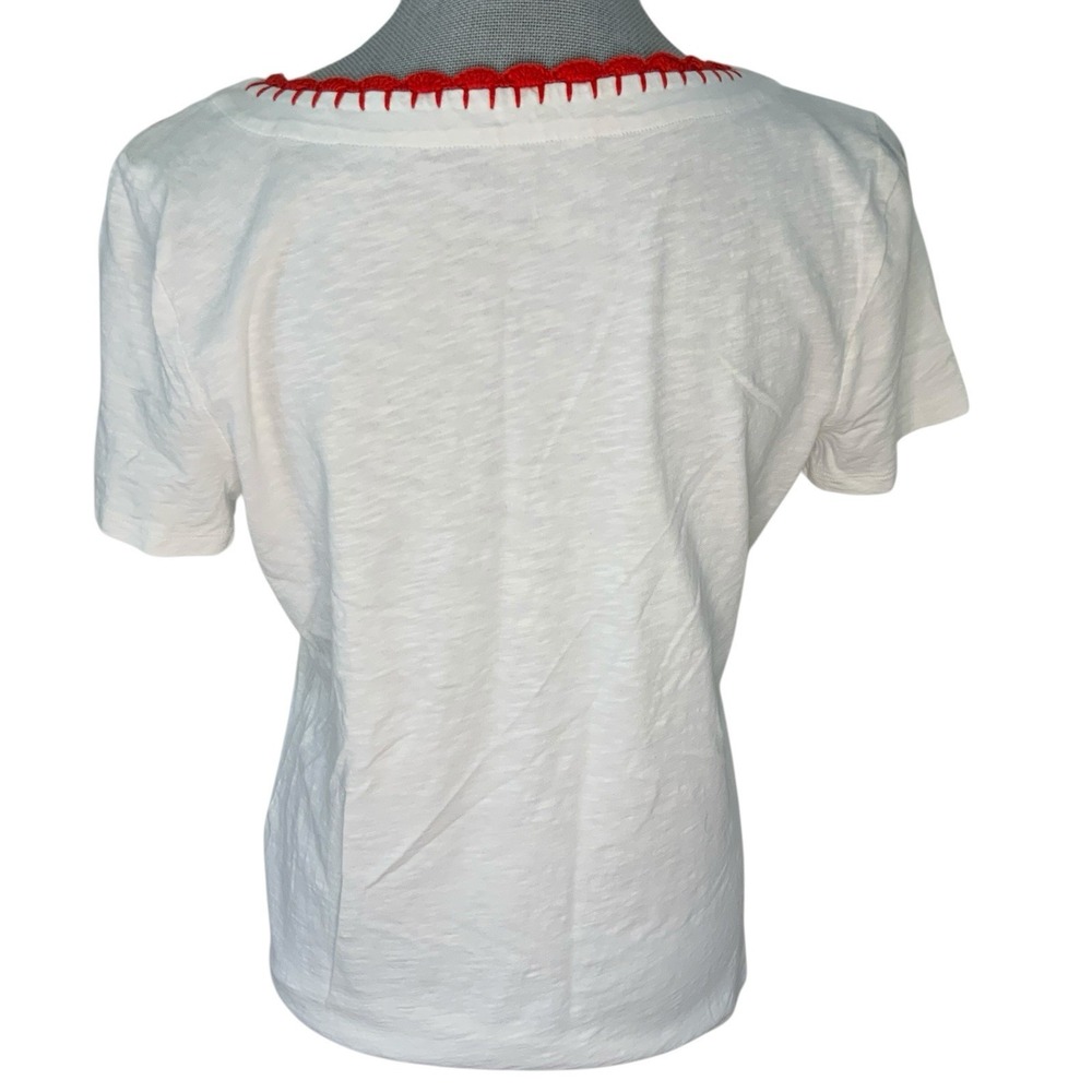 Talbots Womens Medium Top Red White Embroidered Floral Palm Tee Short Sleeve - Picture 3 of 12